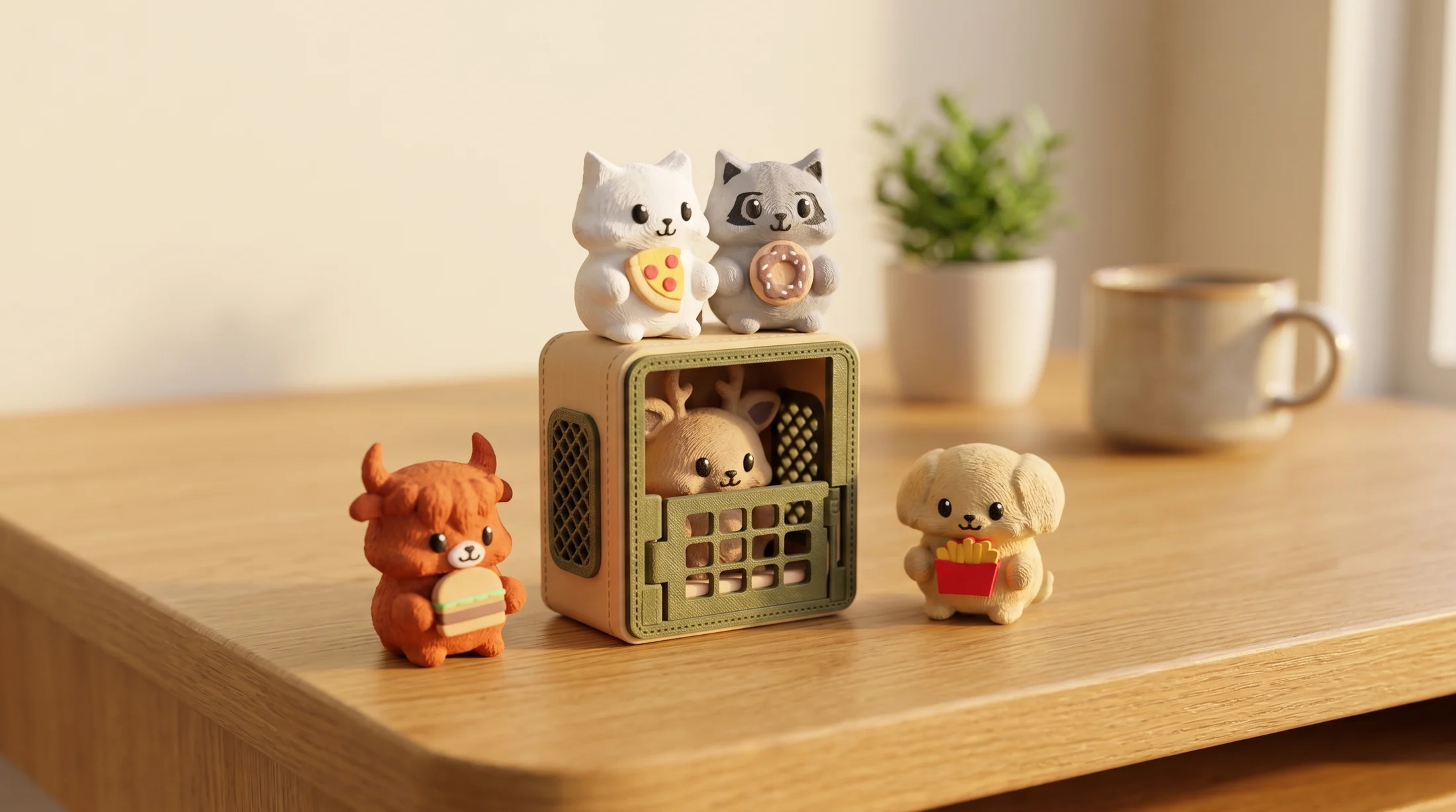 The five printed Mofflits on a wooden table: the Cat with a slice of pizza and the Raccoon with a donut sit on top of a green carrier with the Deer inside, the Highland holds a hamburger, and the Dog holds french fries
